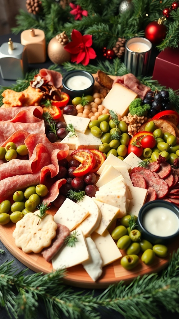 A festive keto charcuterie board with meats, cheeses, olives, and vegetables for Christmas.
